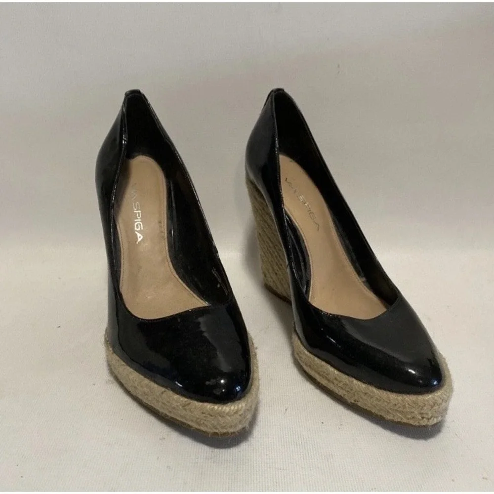 Via Spiga Patent Leather Wedge Pump Rope Heel Black Size 9